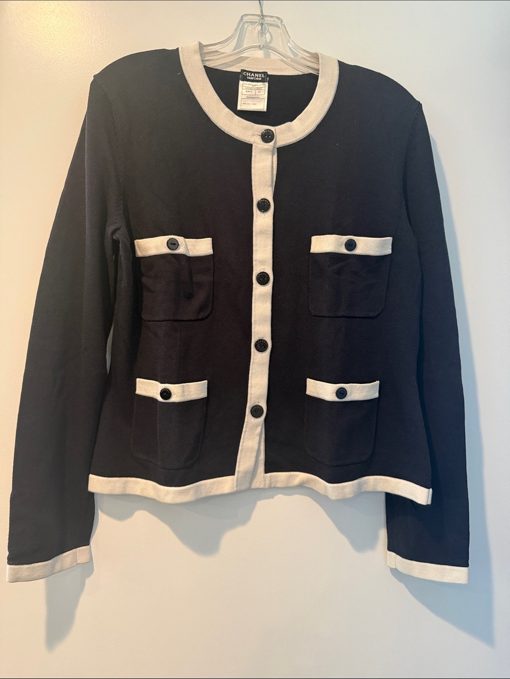 CHANEL Black Jacket with White Trim Knit Blazer